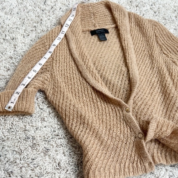 Express Mohair Wool Tan Short Sleeve Cropped Cowl Neck Knit Cardigan Sweater S - Picture 9 of 10